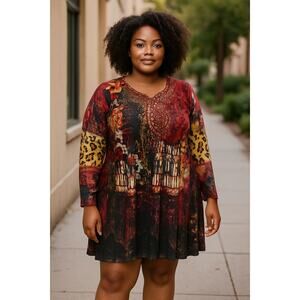 Caleaas Womens Plus Size 3X Red Long Sleeve Midi Dress Grommets & Jewel Neckline